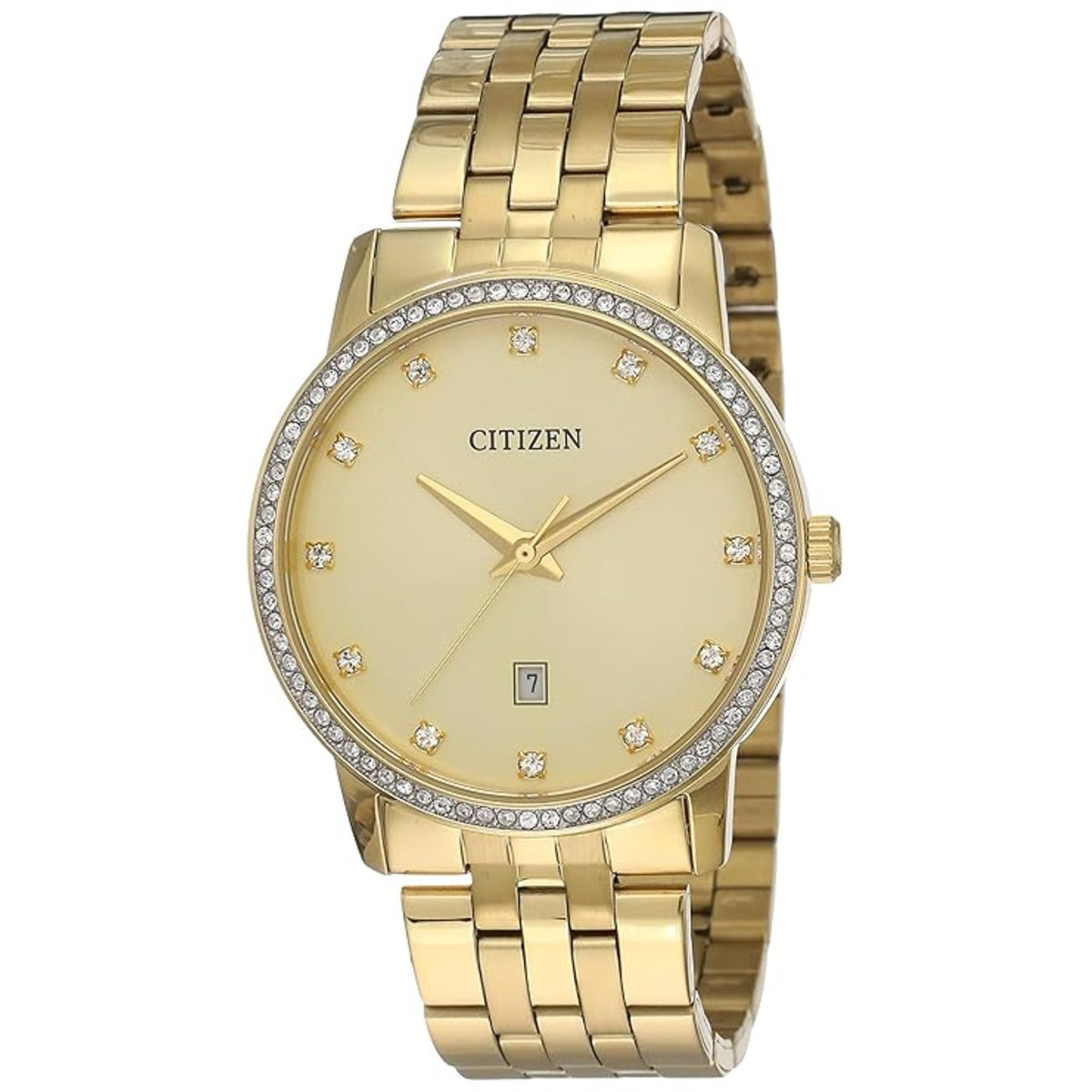 Gold Citizen watch with diamond-studded bezel on a white background