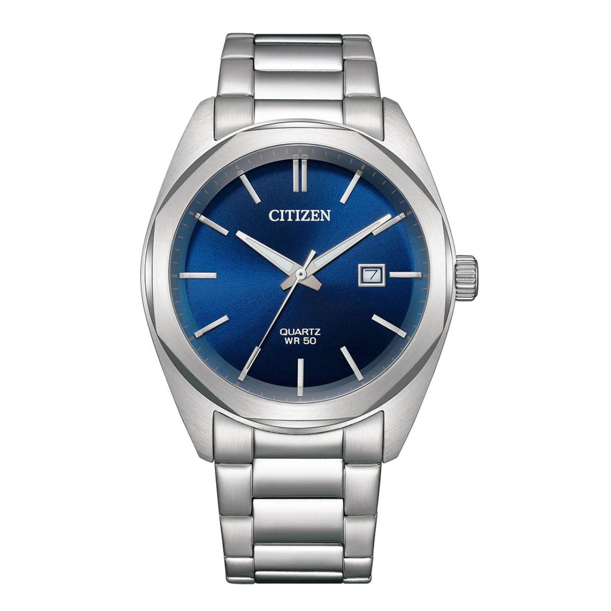 Silver watch with blue face on a white background