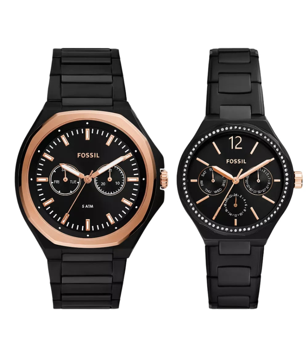 BQ2645SET Fossil His and Her Multifunction Black St Steel Watch Set