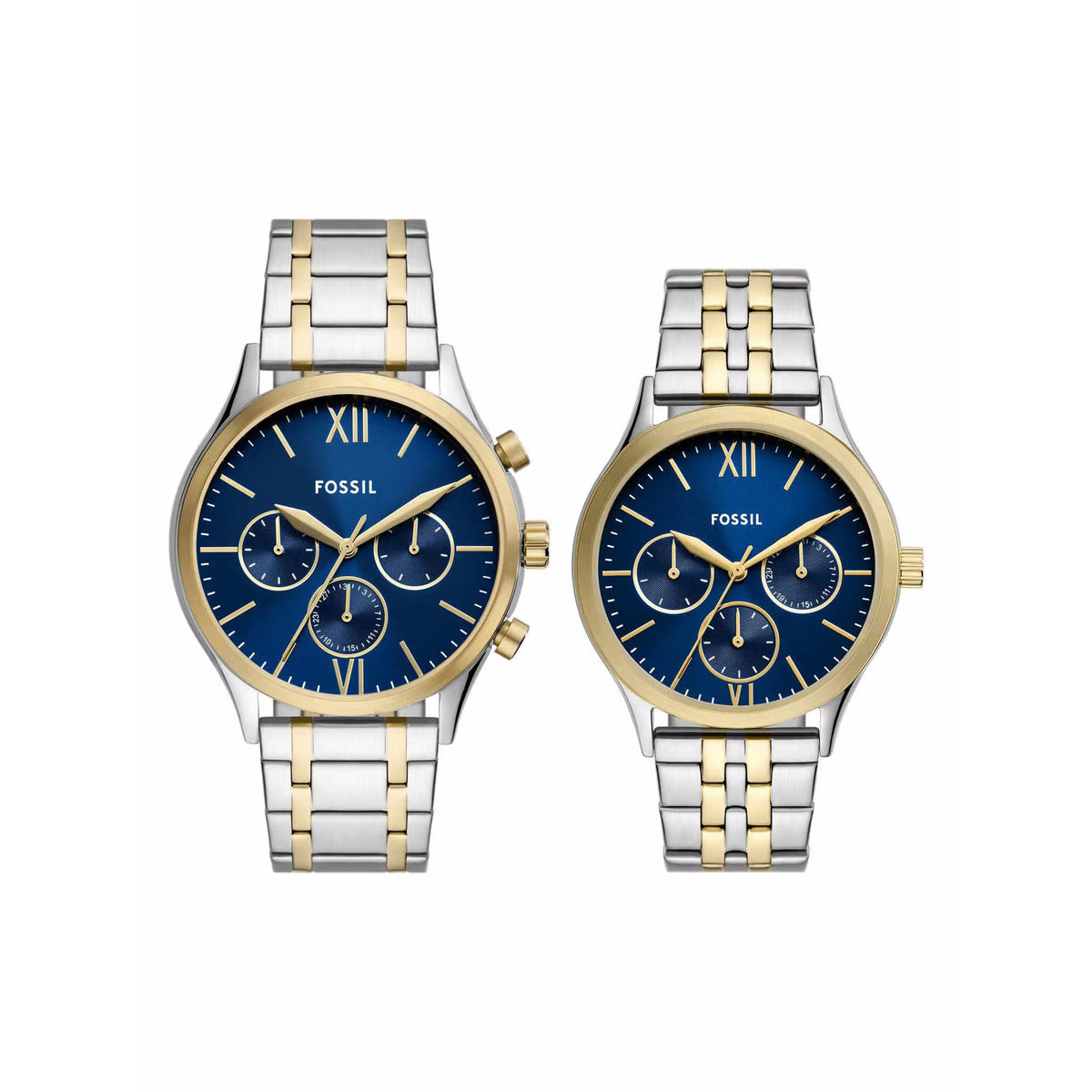 Fossil Fenmore Multifunction Blue Dial Analog Stainless Steel Couple Watch BQ2900SET