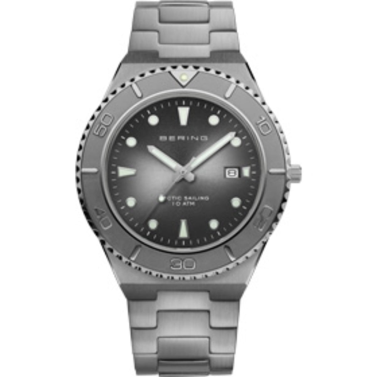 Silver watch with black dial on a white background