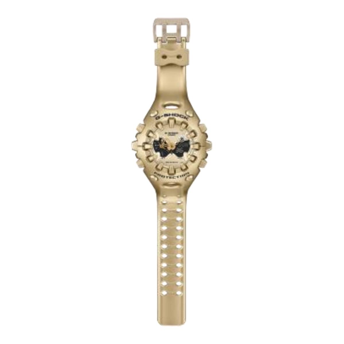 Gold watch with butterfly design on a white background