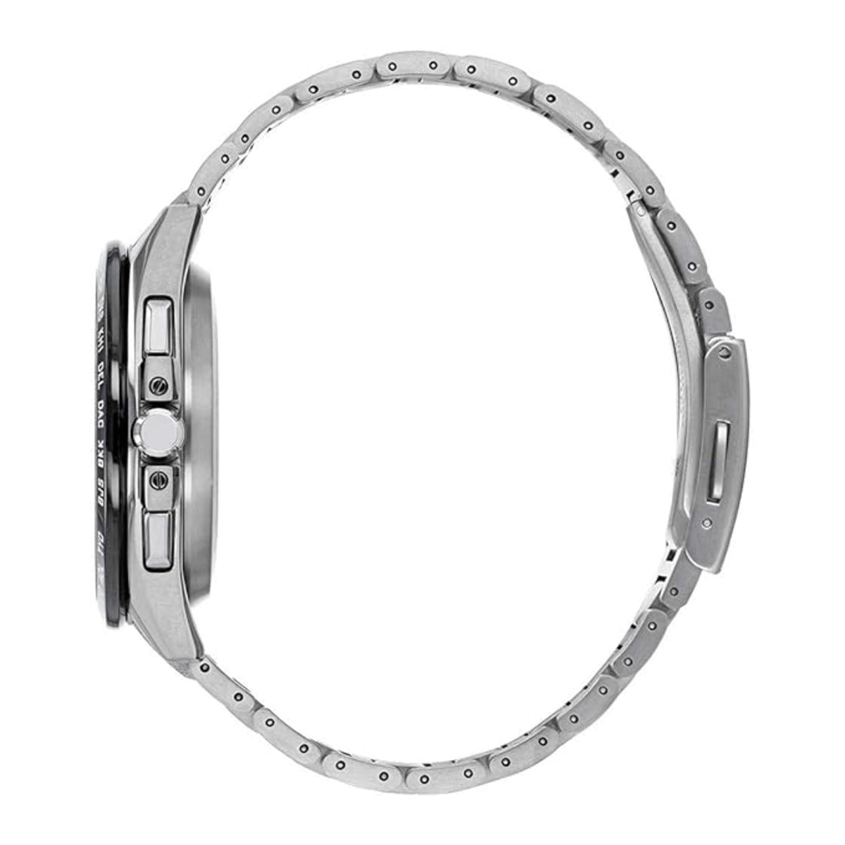 Close-up of a silver watch with detailed design on a white background