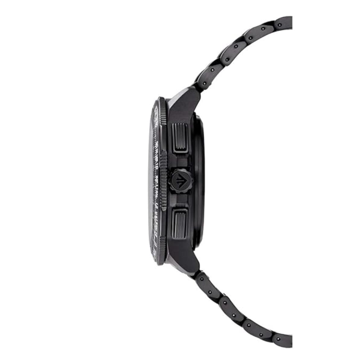 Black watch with detailed case and strap on a white background