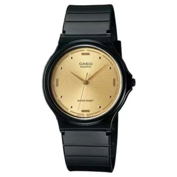 A Casio Youth analog watch with a black band and casing, featuring a gold dial, displayed against a white background.