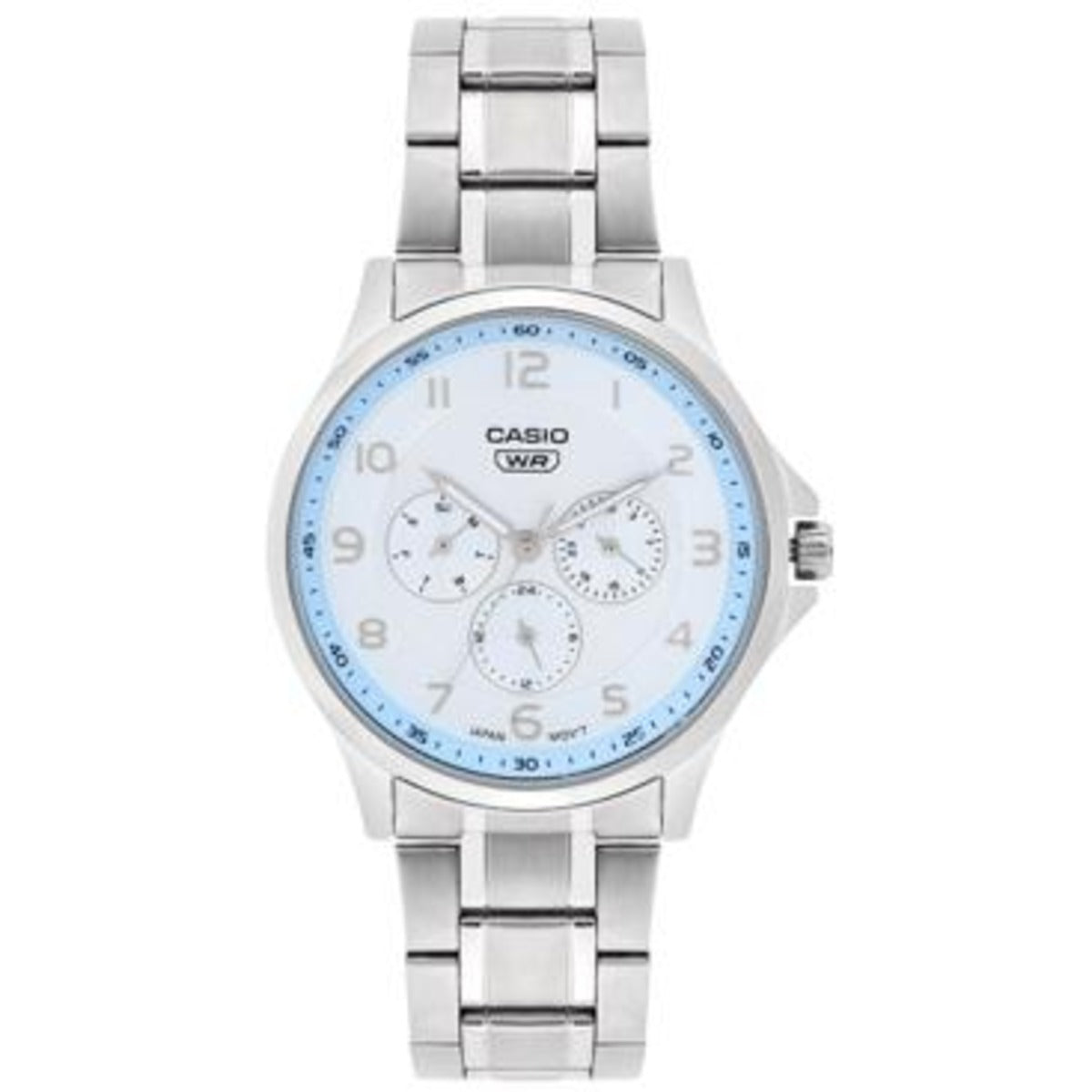 Silver Casio watch with a blue face on a white background