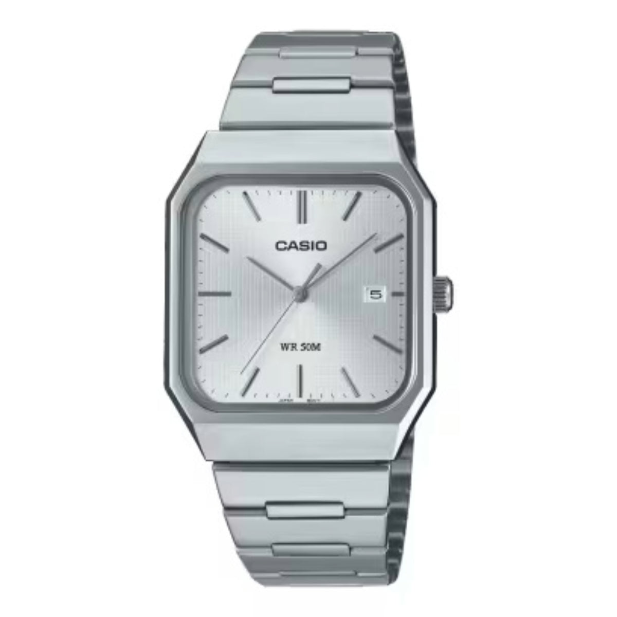 Silver Casio watch on a white background