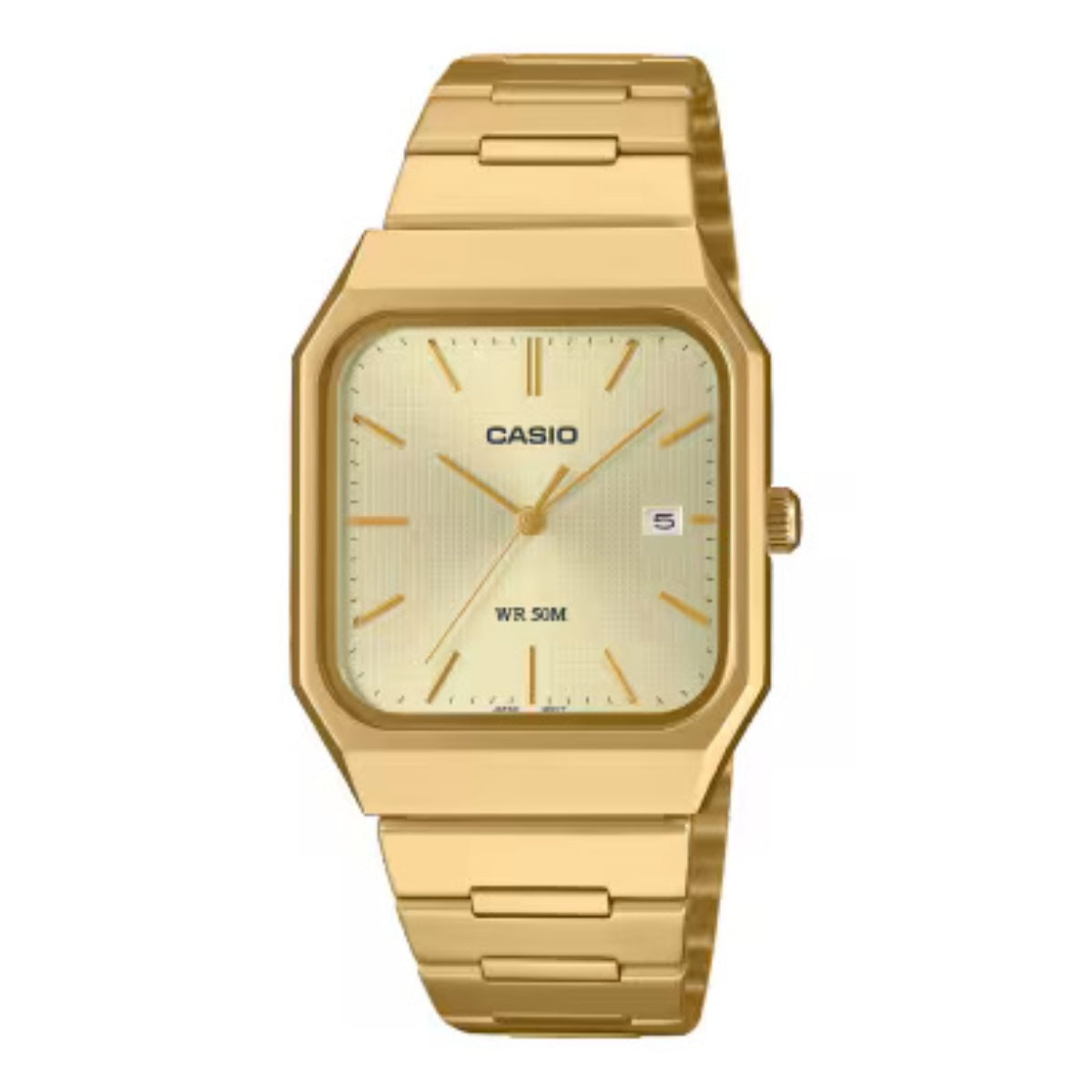 Gold Casio watch on a white background