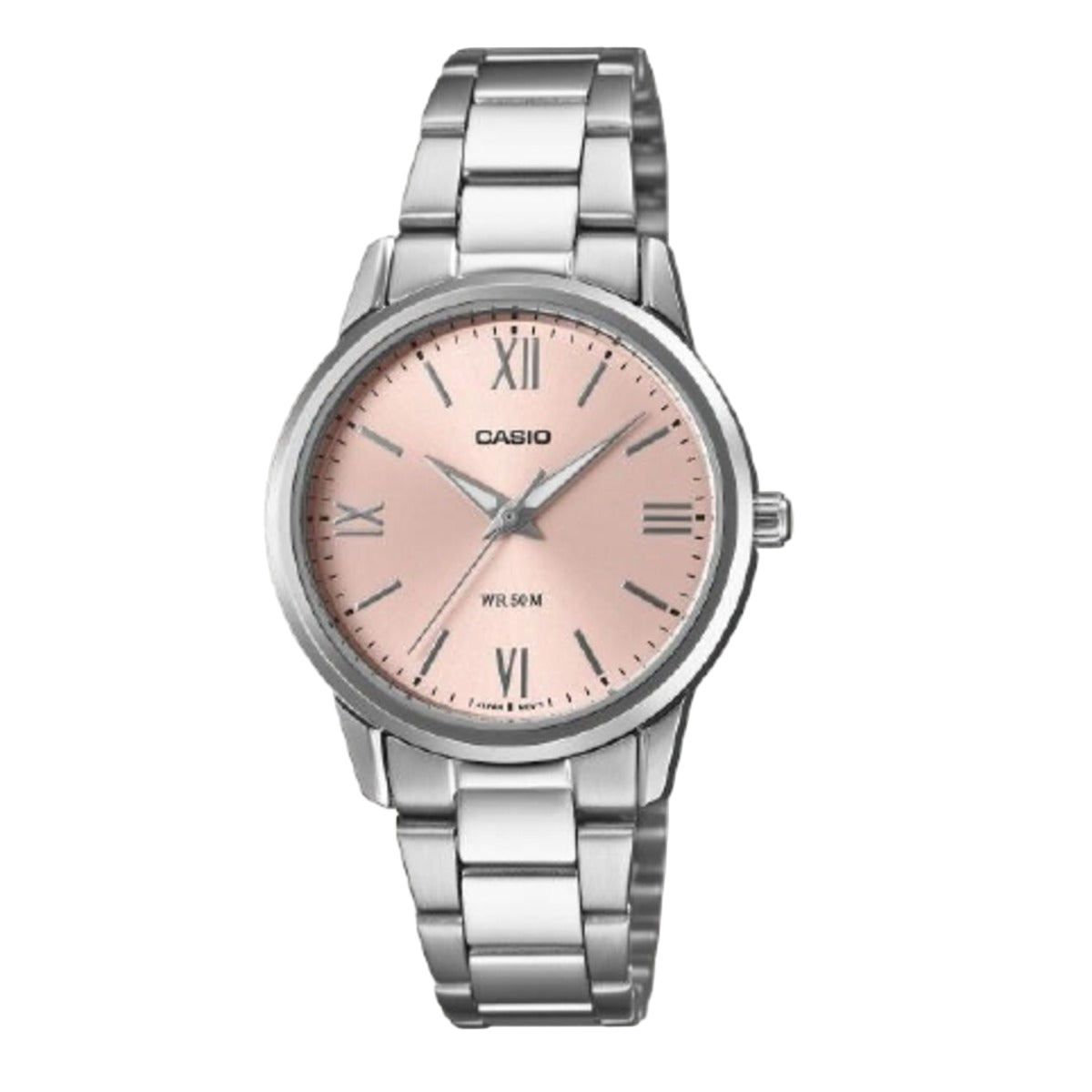 Casio watch with silver bracelet and pink dial on a white background