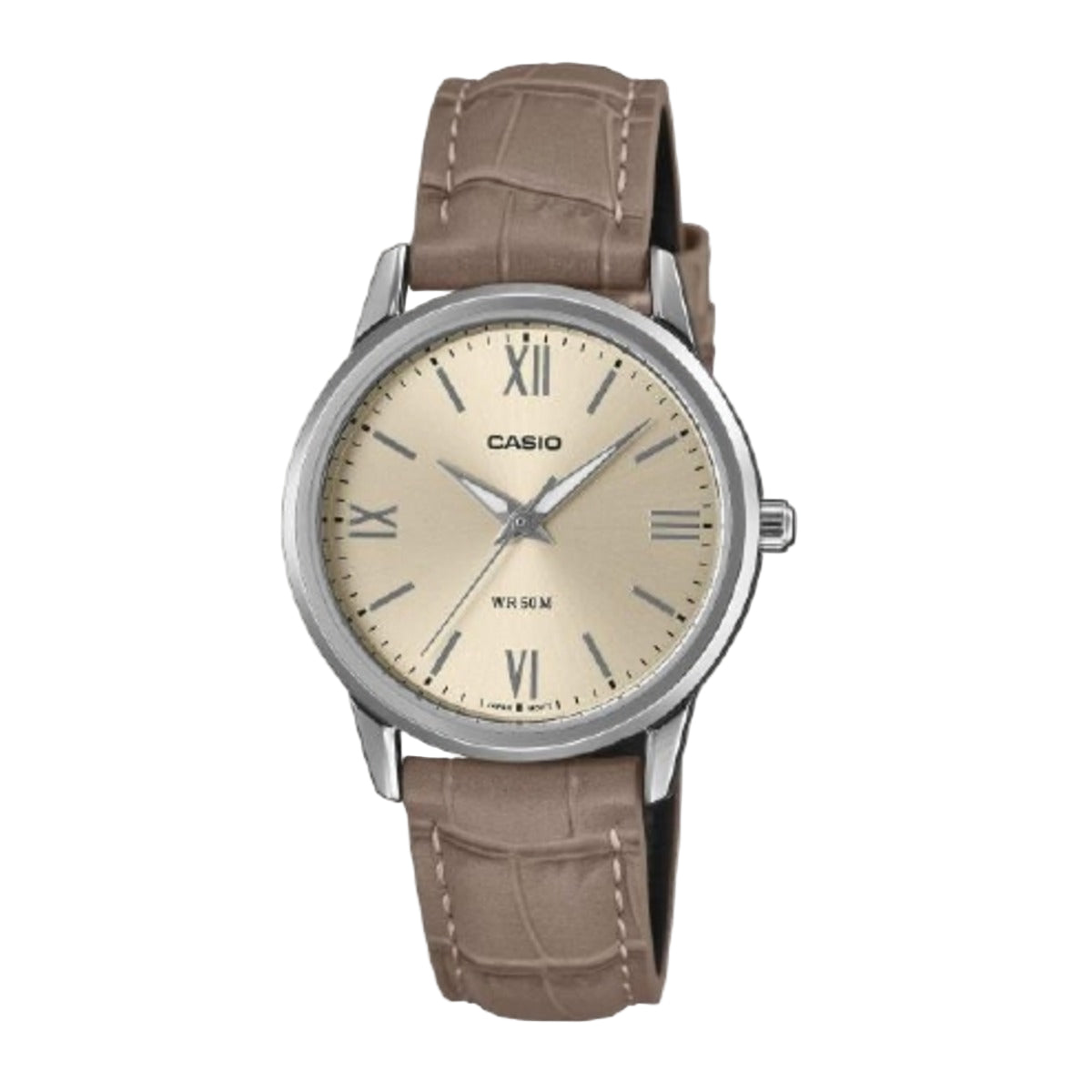 Casio watch with beige dial and brown leather strap on a white background