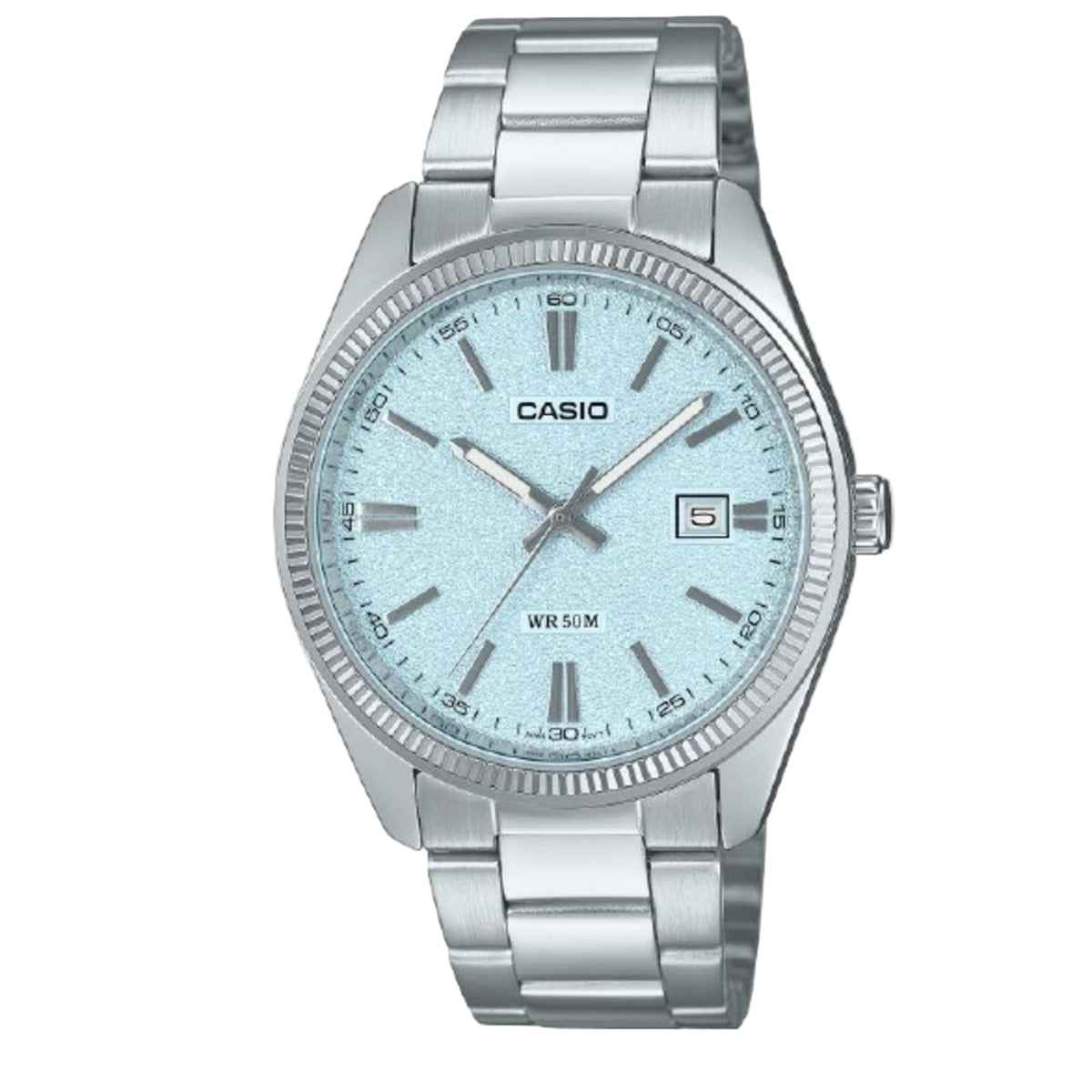 Casio watch with silver metal strap on a light gray background
