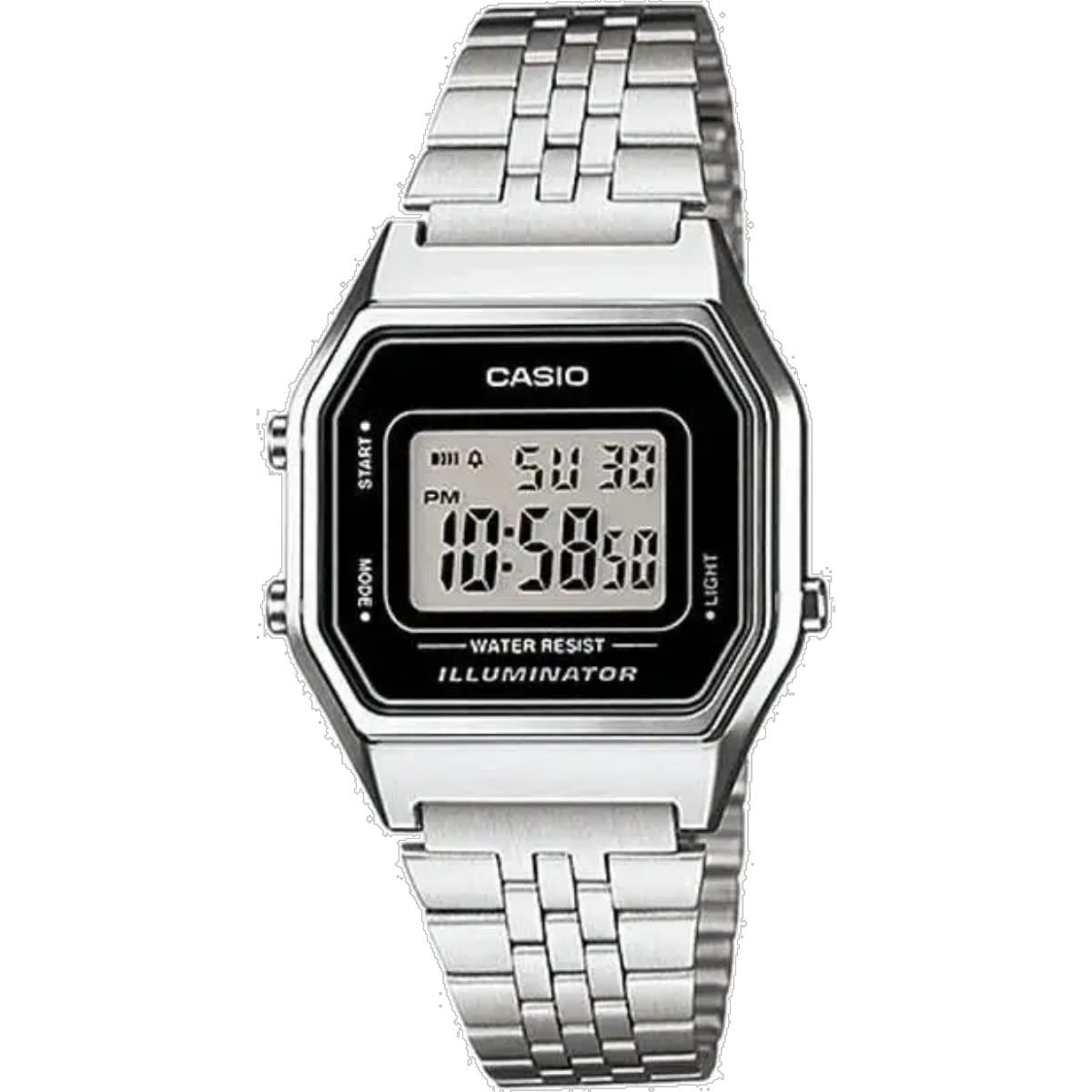Casio digital watch with silver metal strap on a white background