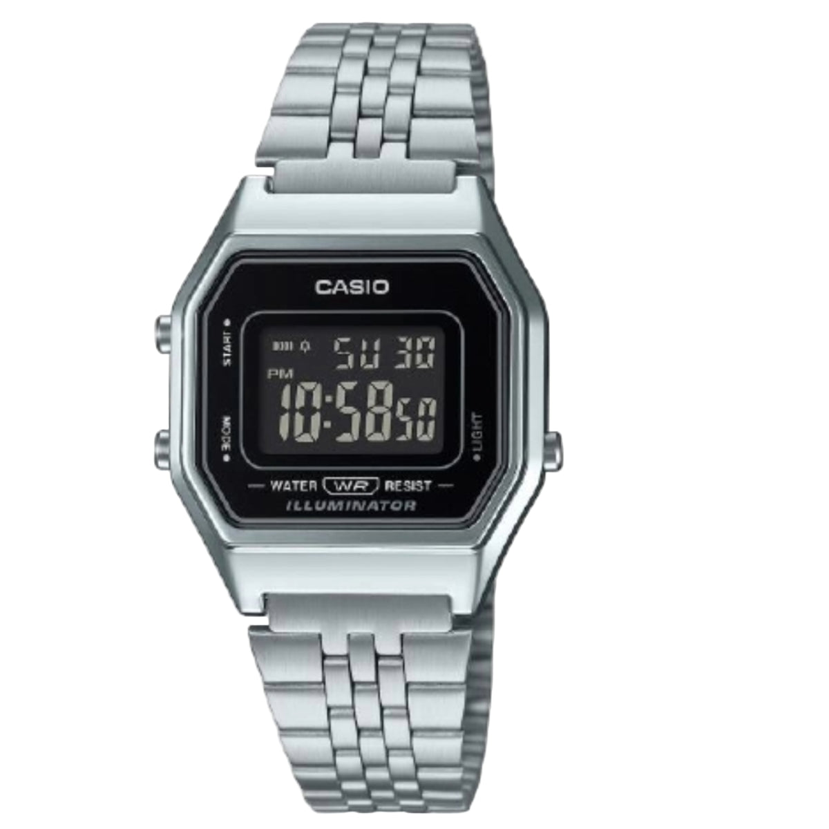 Casio digital watch with silver metal strap on a light gray background