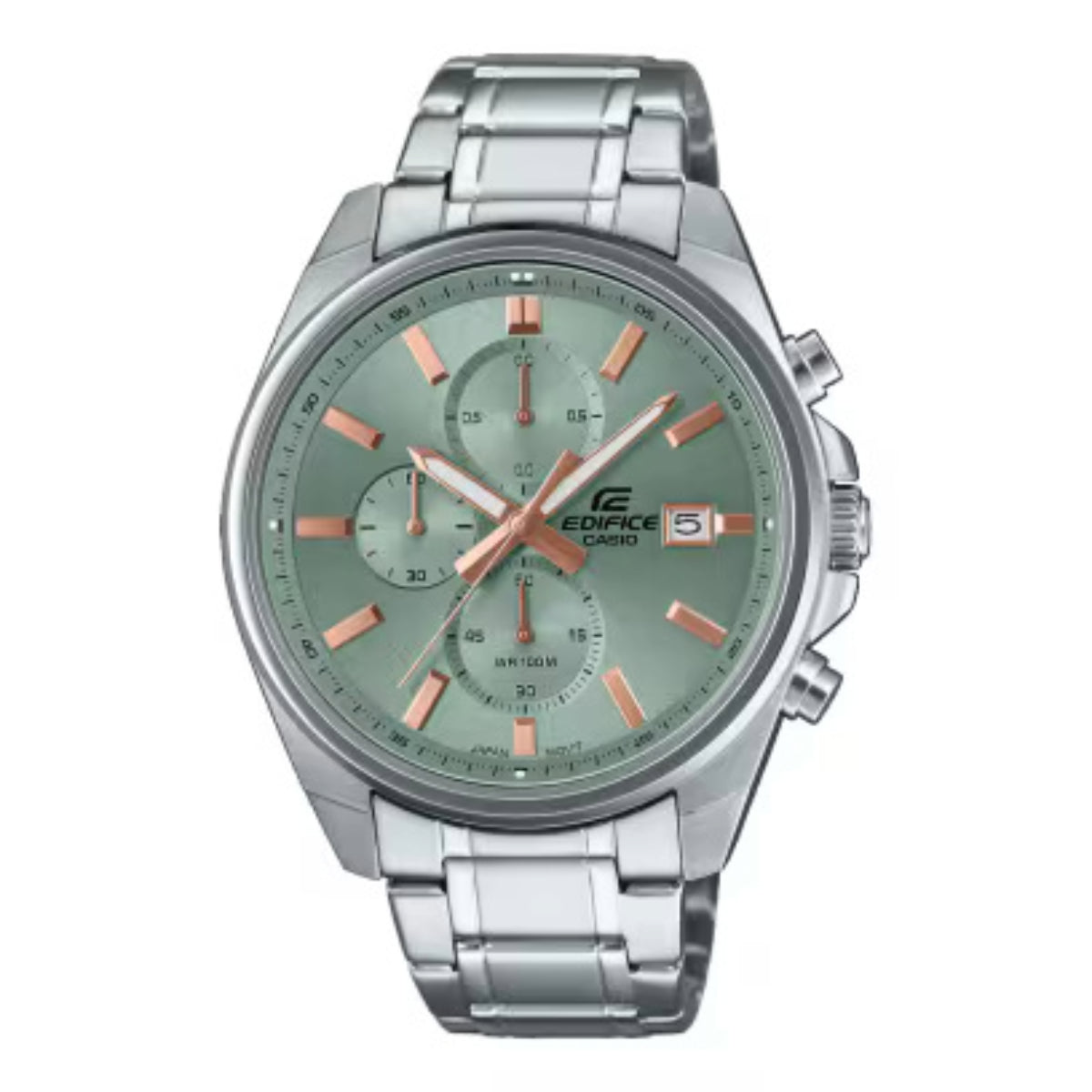 Silver Casio Edifice watch with green dial on a white background