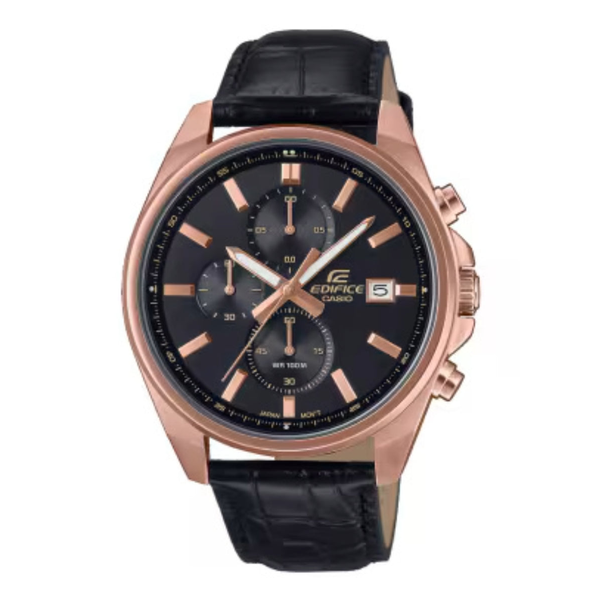 Edifice watch with black leather strap and rose gold casing on a white background