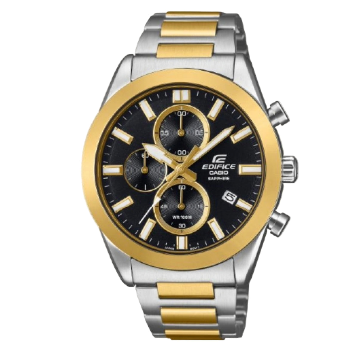 Casio Edifice watch with gold and silver design on a white background