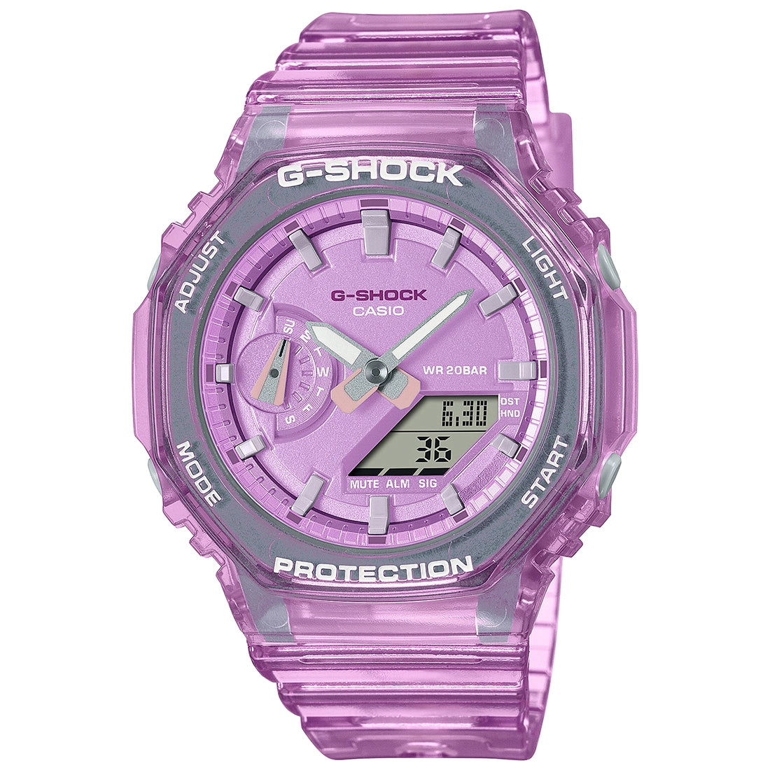 A Casio G-SHOCK watch with a pink metallic band and case, featuring a digital display and analog hands.