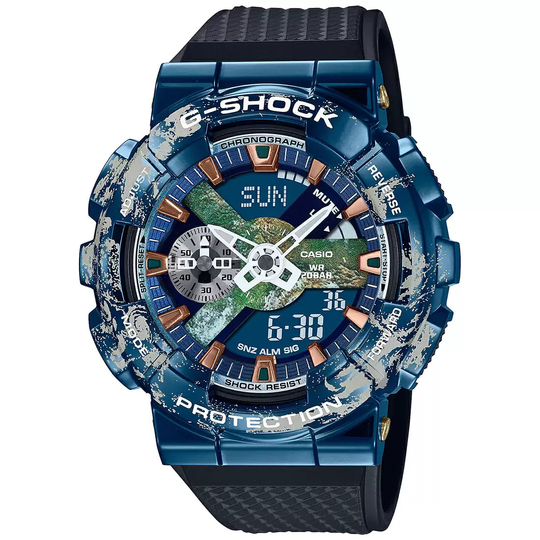 A Casio G-SHOCK watch with a blue and multicolor design, featuring a digital dial and a black resin band.