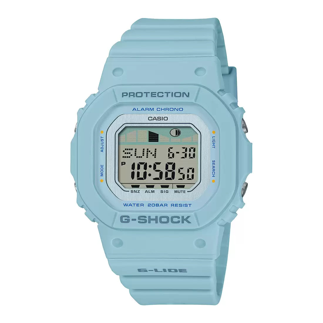 A light blue Casio G-SHOCK digital watch with a silicone band, displaying a digital screen showing time and date.