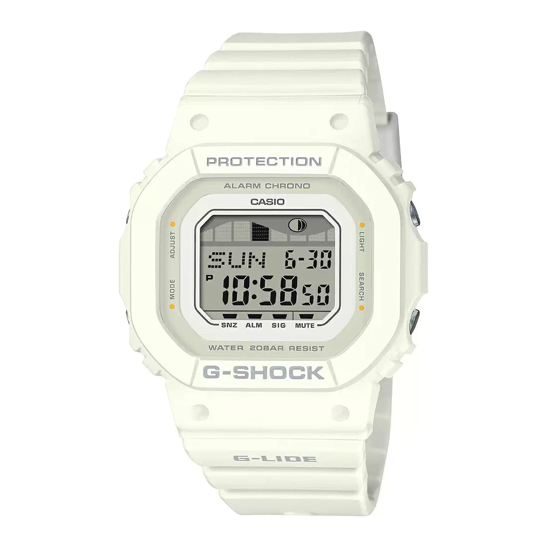 A Casio G-SHOCK digital watch in white color with a digital display, silicone band, and specific features such as protection and alarm chronograph mentioned on the watch face.