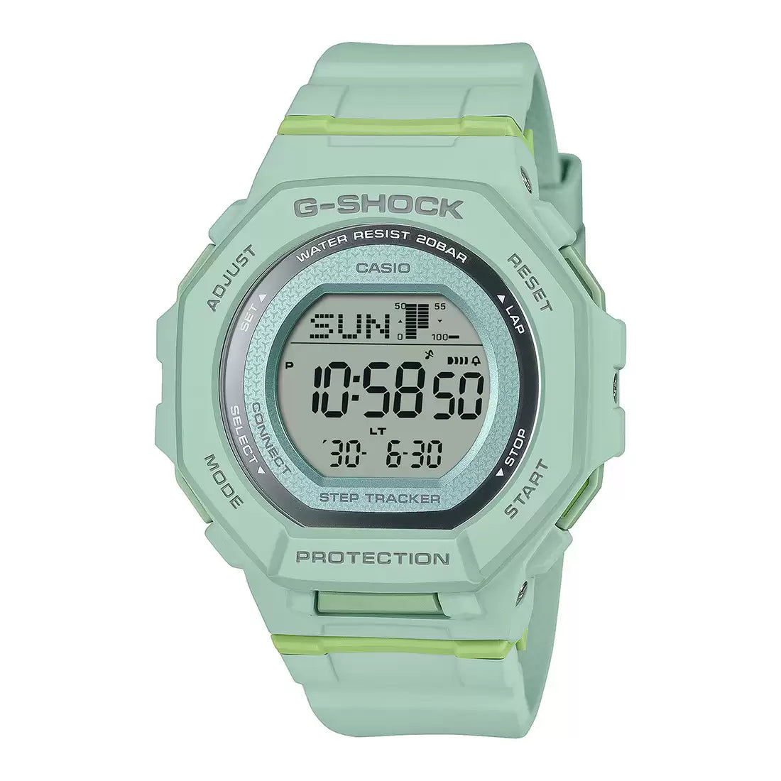 A green Casio G-SHOCK analog-digital watch with a digital display showing the time, date, and step tracker, set against a plain background.