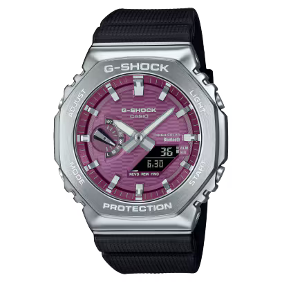 G-Shock Casio watch with purple face and black strap on white background