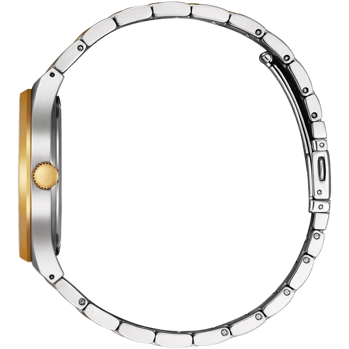 Close-up of a silver and gold watch face on a white background