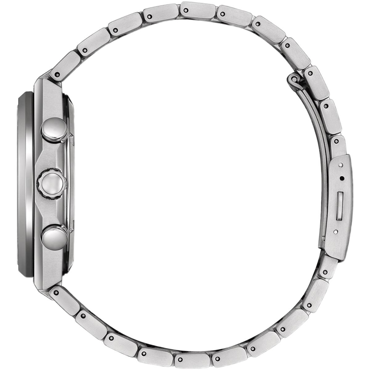 Close-up of a silver watch with a detailed metal band on a white background