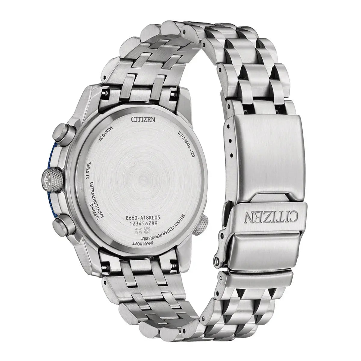 Silver Citizen watch with metal band on a white background