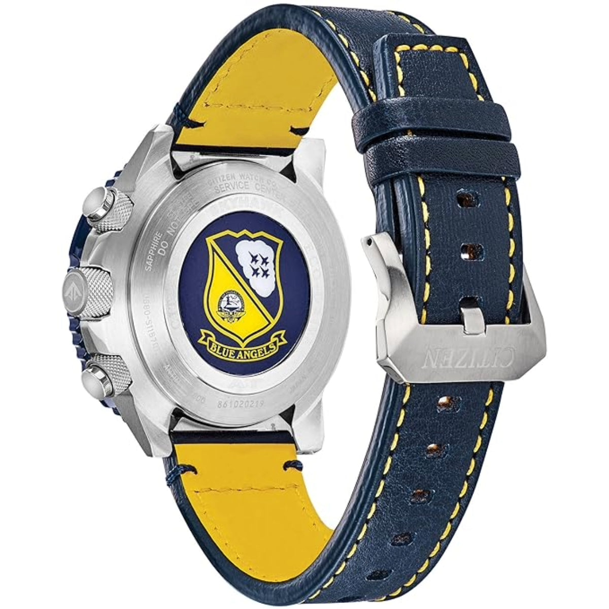Watch with blue and yellow strap and visible brand logo on a white background