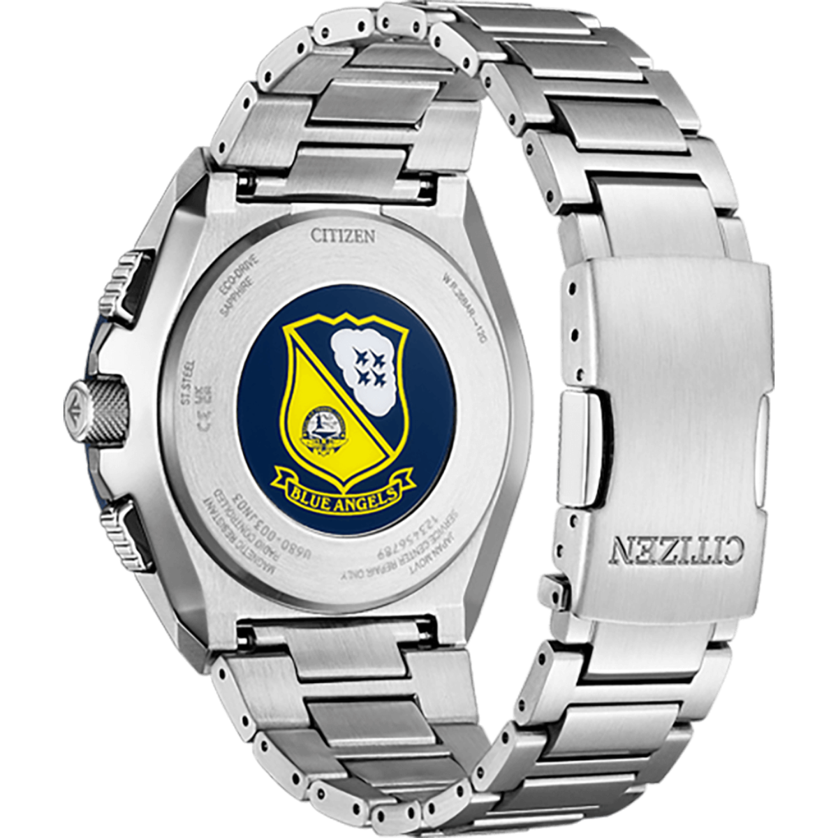Silver watch with Blue Angels logo on a white background