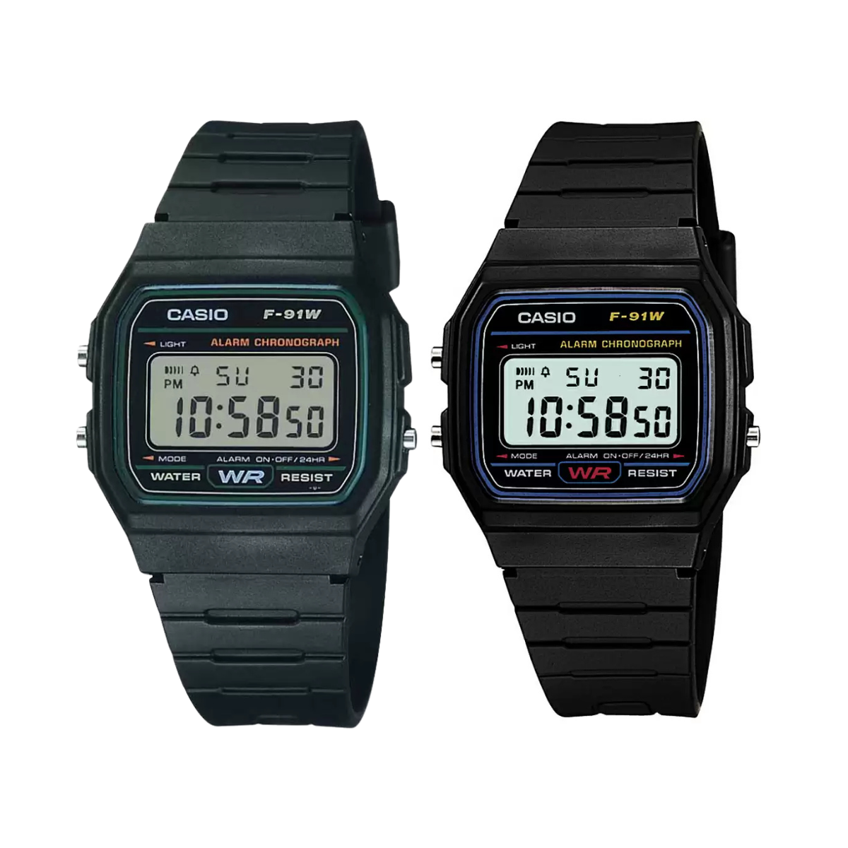 Two black Casio digital watches on a white background