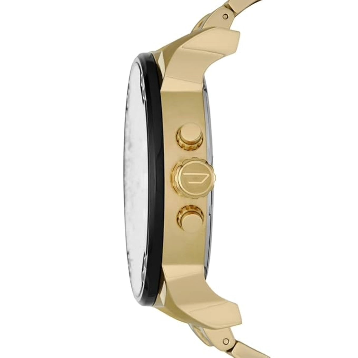 Gold watch with a clear face on a white background