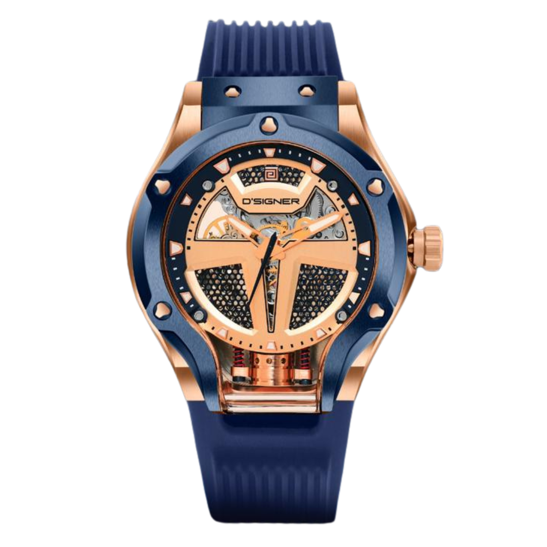 D'SIGNER Rose Gold Dial Multifunction Blue Silicon Automatic Men's Watch