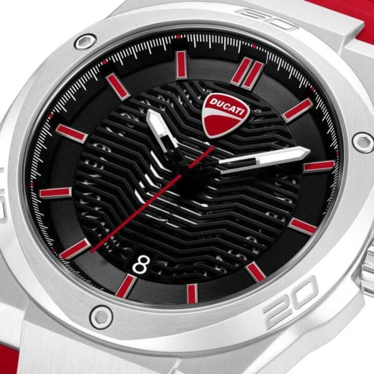 Ducati watch with black face, red accents, and silver case.
