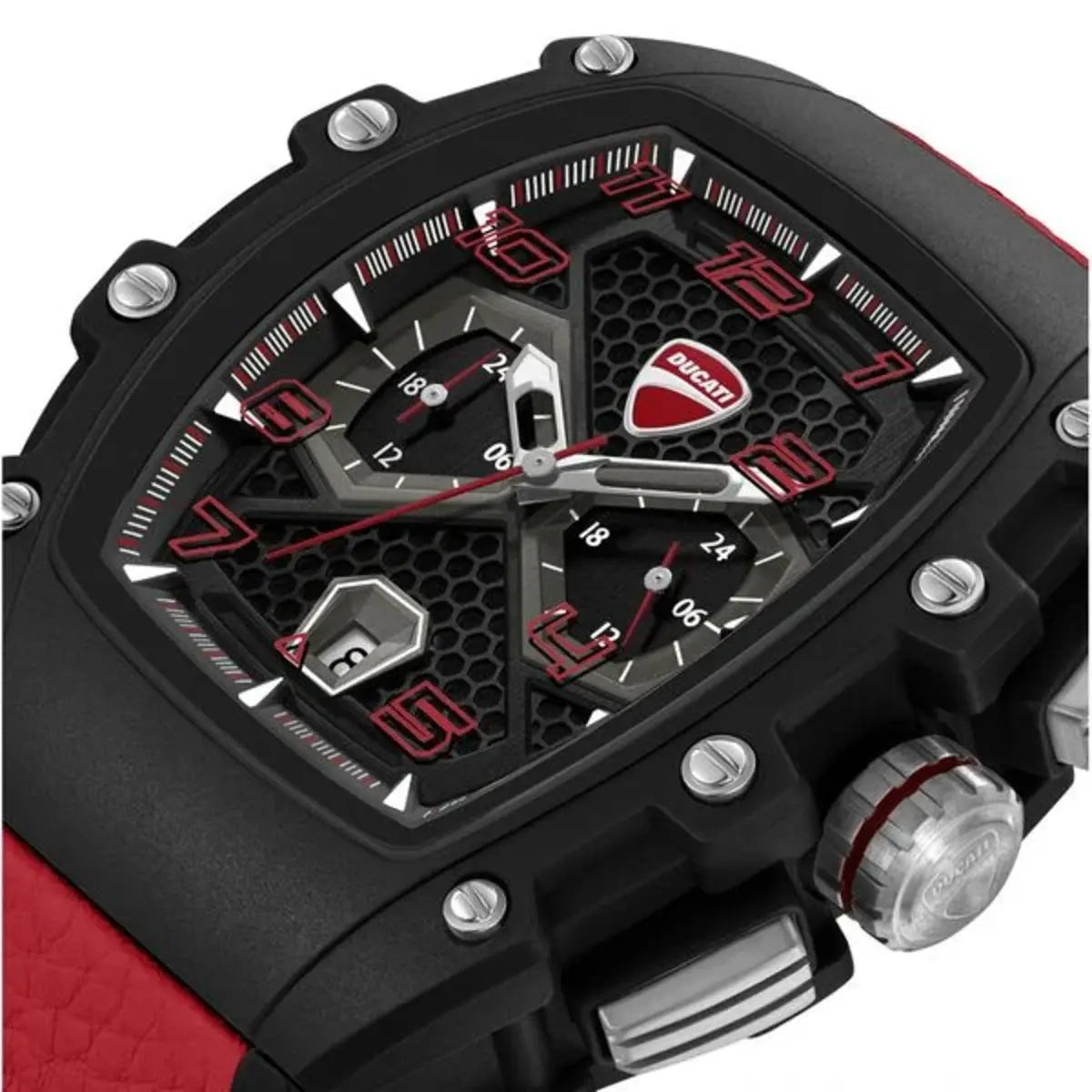 Black and red watch with Ducati logo on a white background