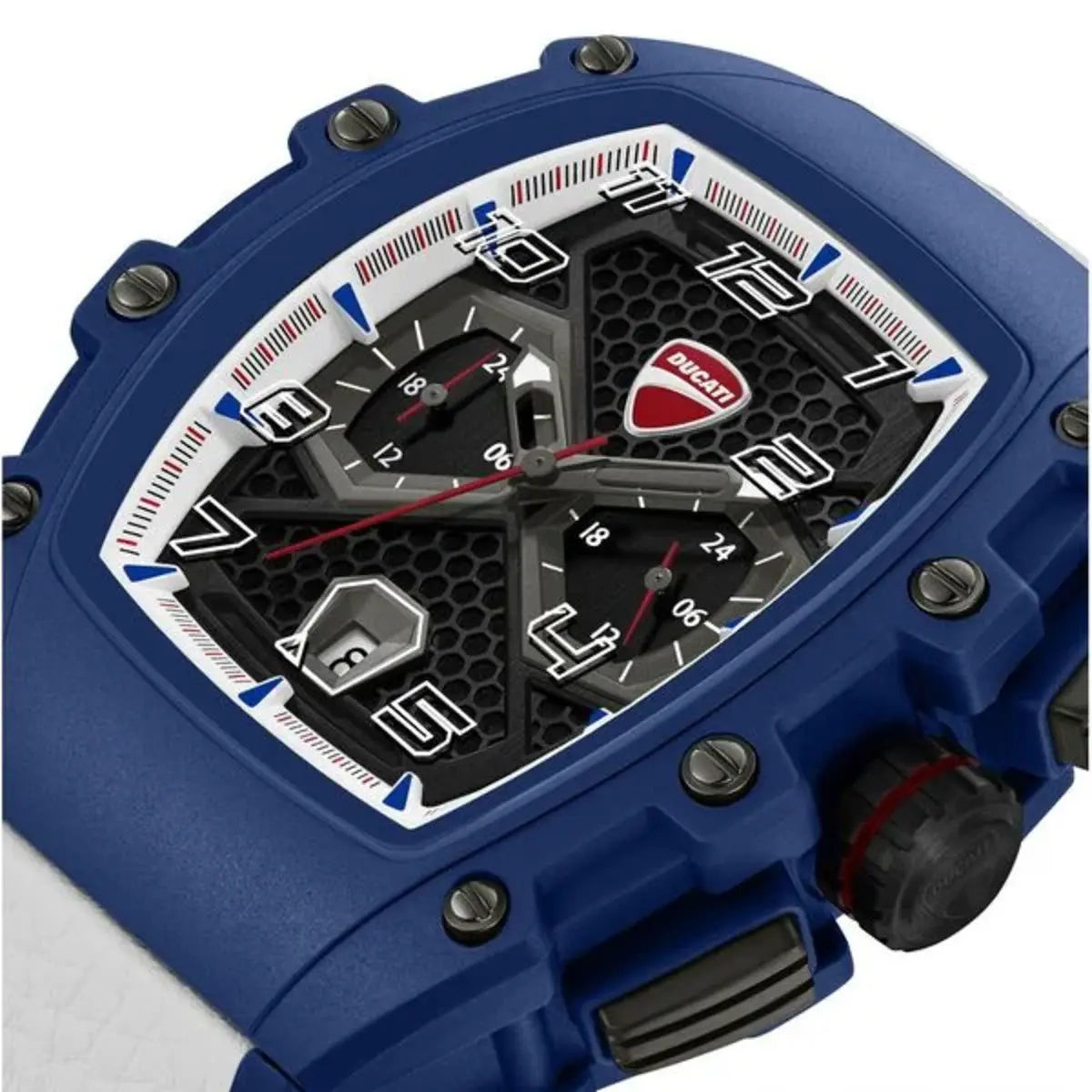 Blue watch with a detailed face featuring a Ducati logo on a white background