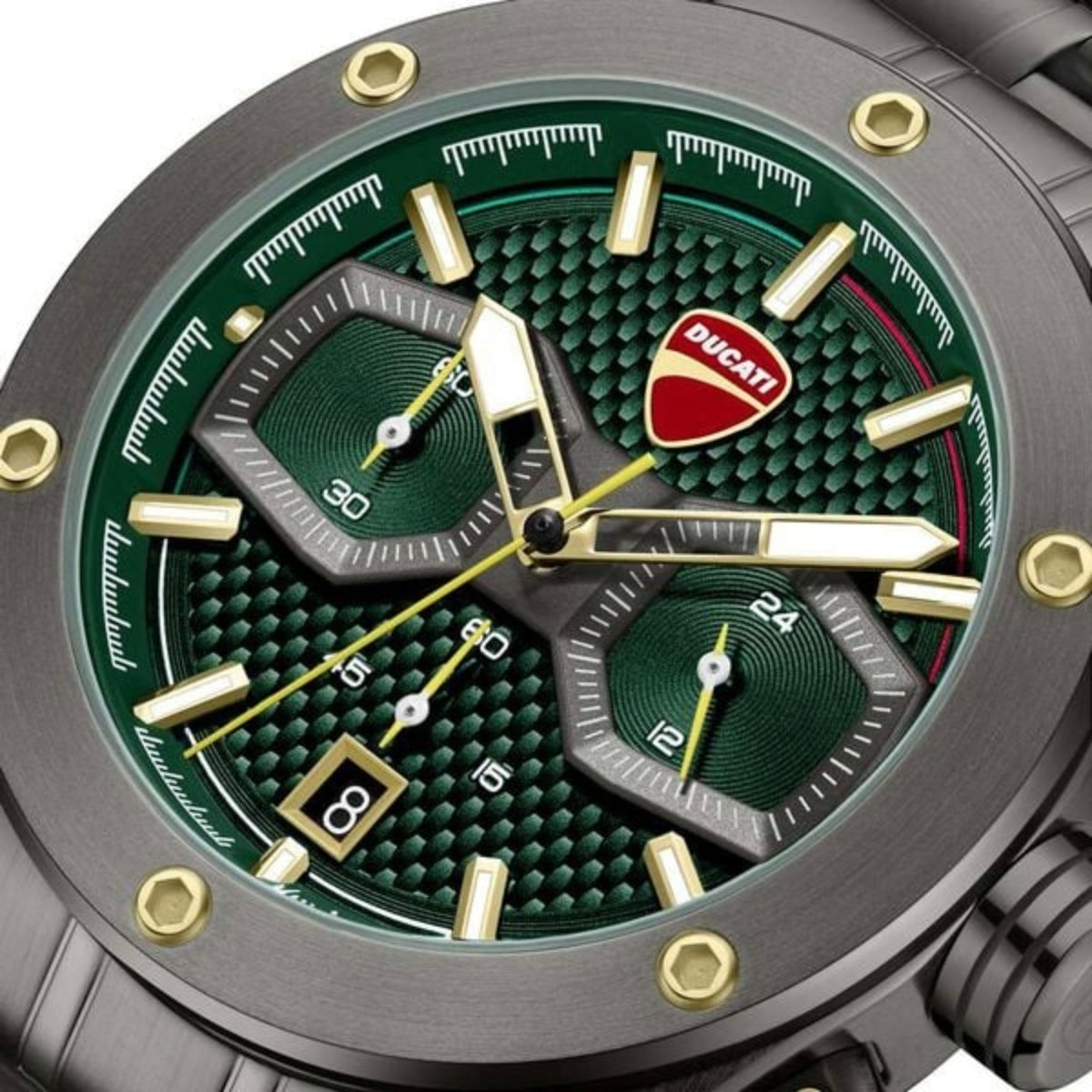 Close-up of a Ducati-branded watch with a green face and gold accents.