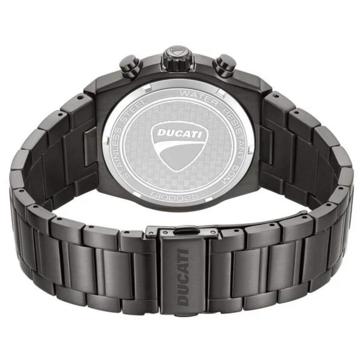 Ducati watch with black metal strap on a white background