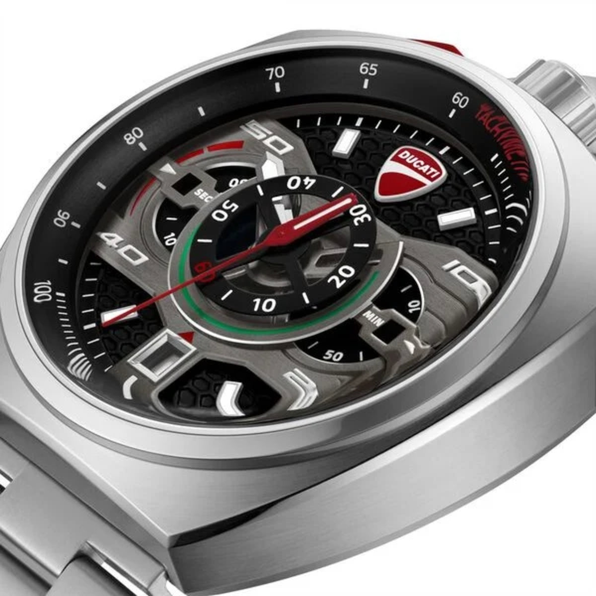 Close-up of a Ducati-branded watch with a detailed face and silver case.