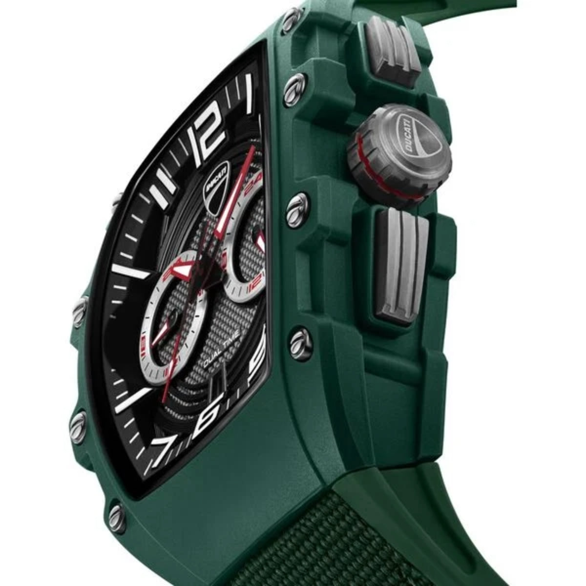 Green watch with detailed face and brand logo on a white background