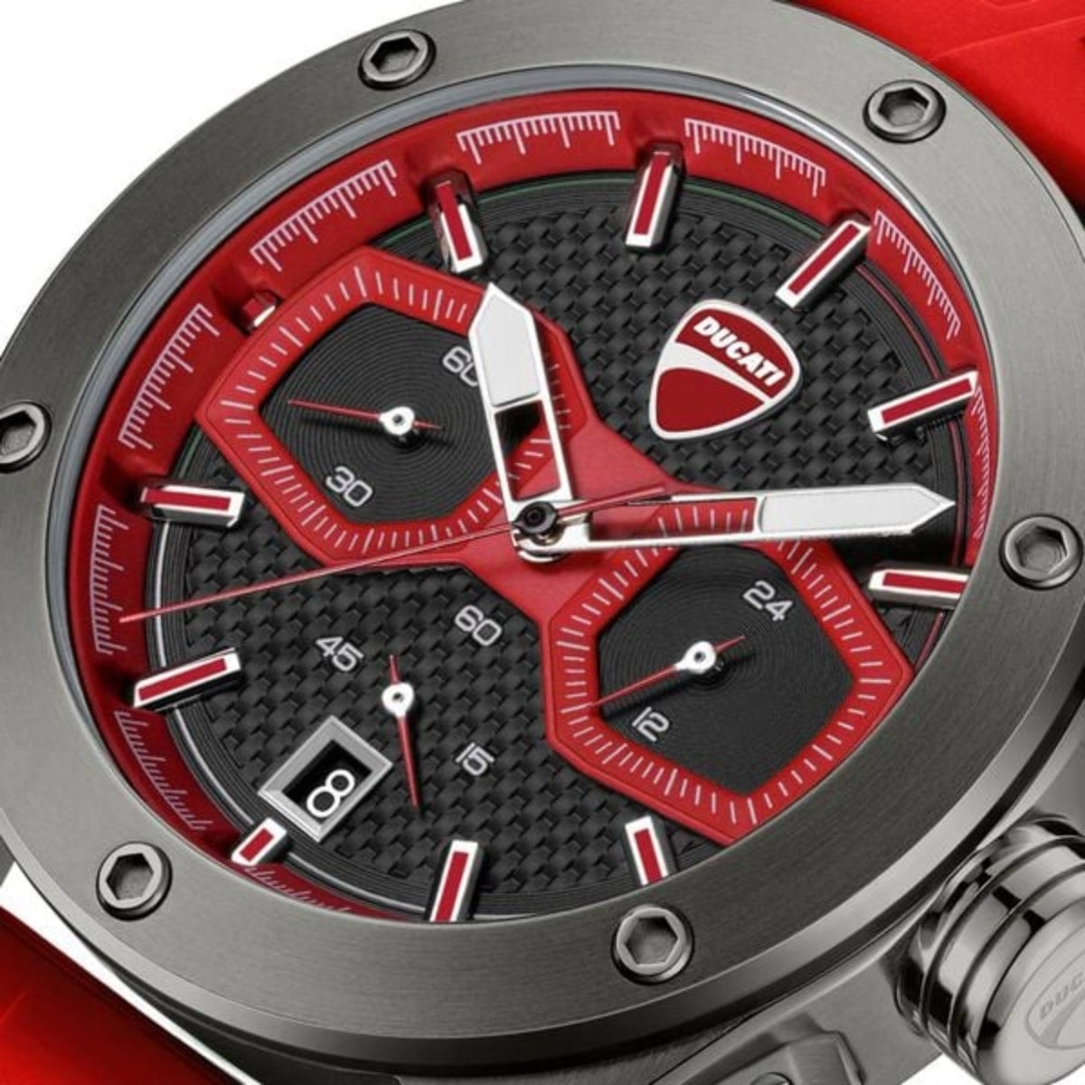 Ducati watch with red and black design on a white background