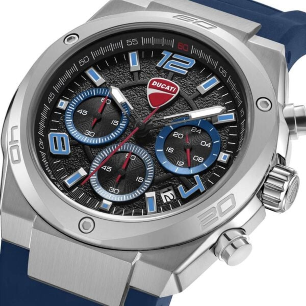 Ducati watch with blue and silver design on a white background