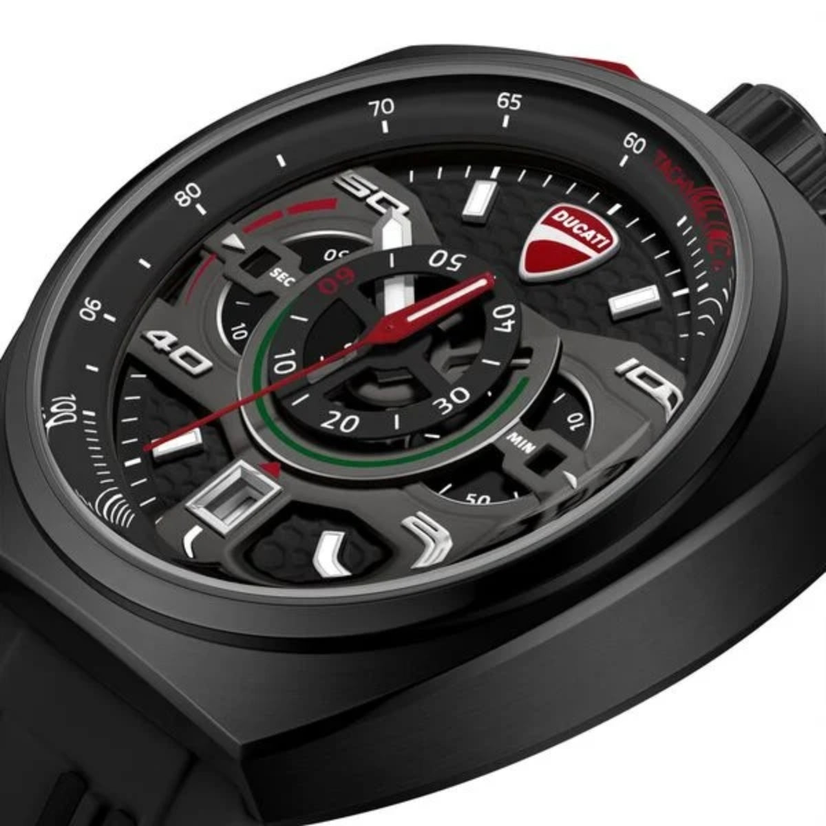 Close-up of a Ducati watch with a detailed face on a white background