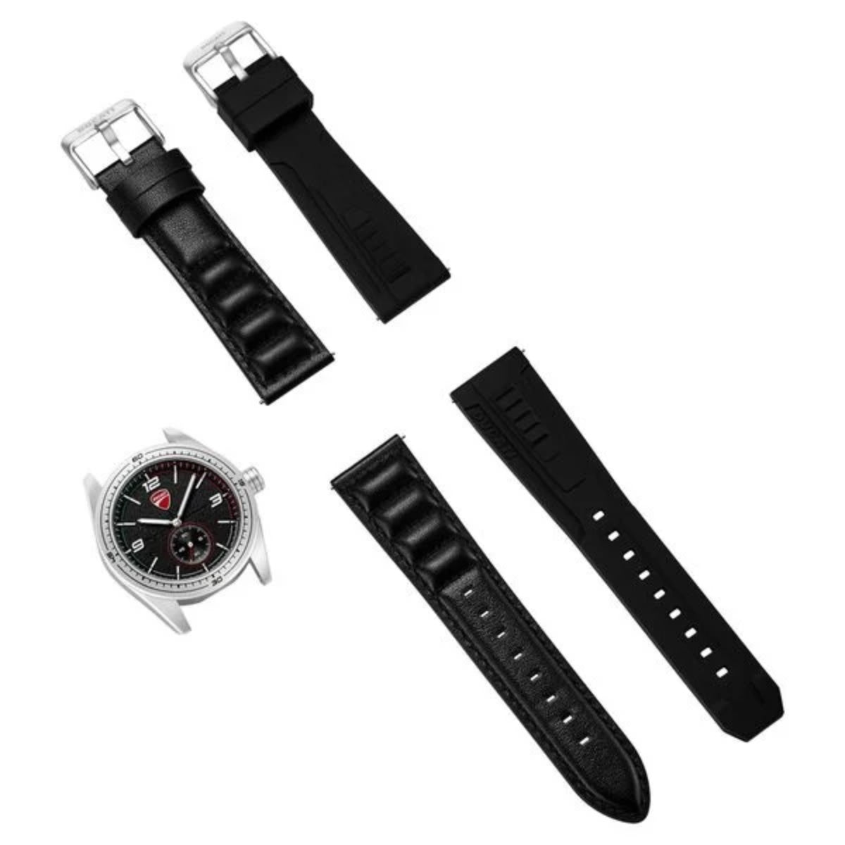 Black watch strap set with a silver watch on a white background