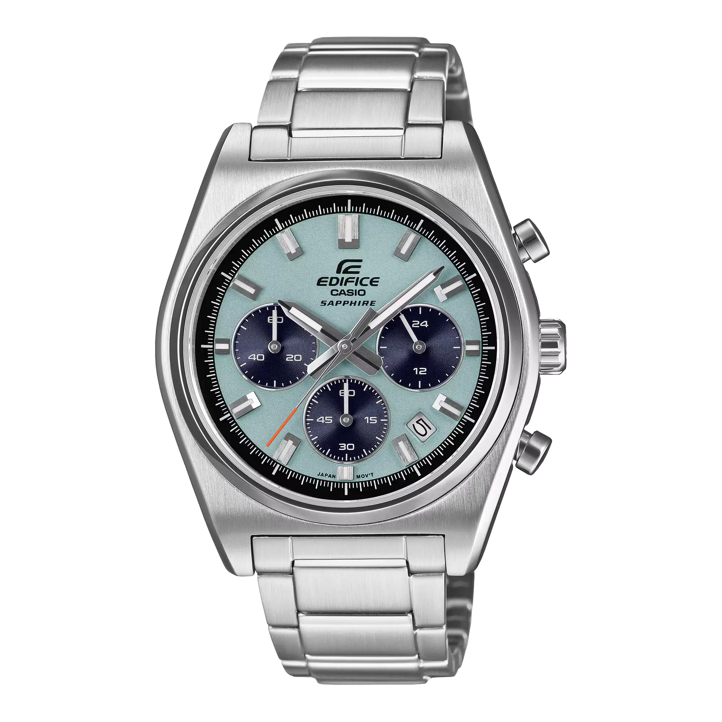 Silver Casio Edifice watch with a blue face on a white background