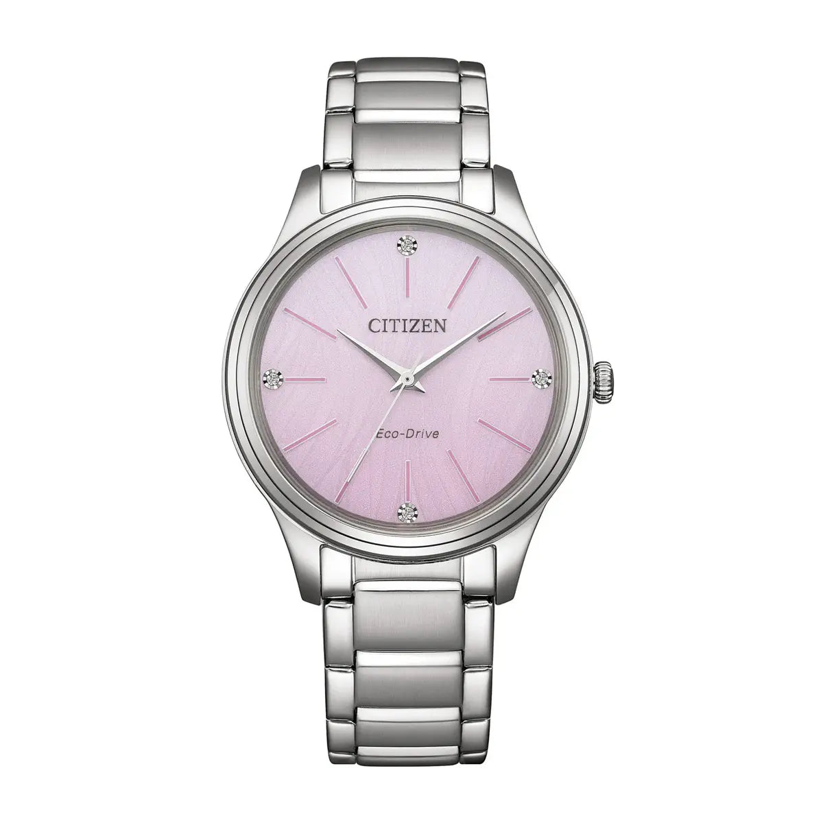 Silver watch with a pink face on a white background