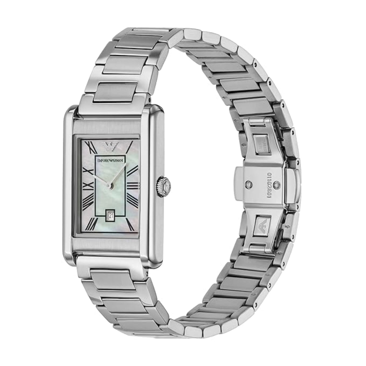 Silver watch with a rectangular face on a white background