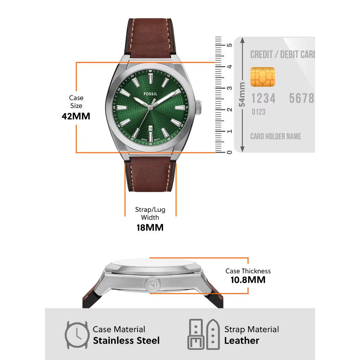 Fossil Everett Quartz Green Dial Analog Leather Strap Men Watch With Bracelet FS6080SET