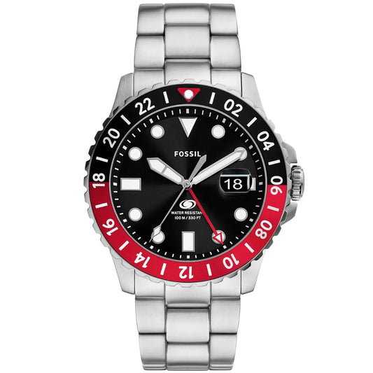 Fossil watch with black face, red bezel, and silver metal strap on a white background